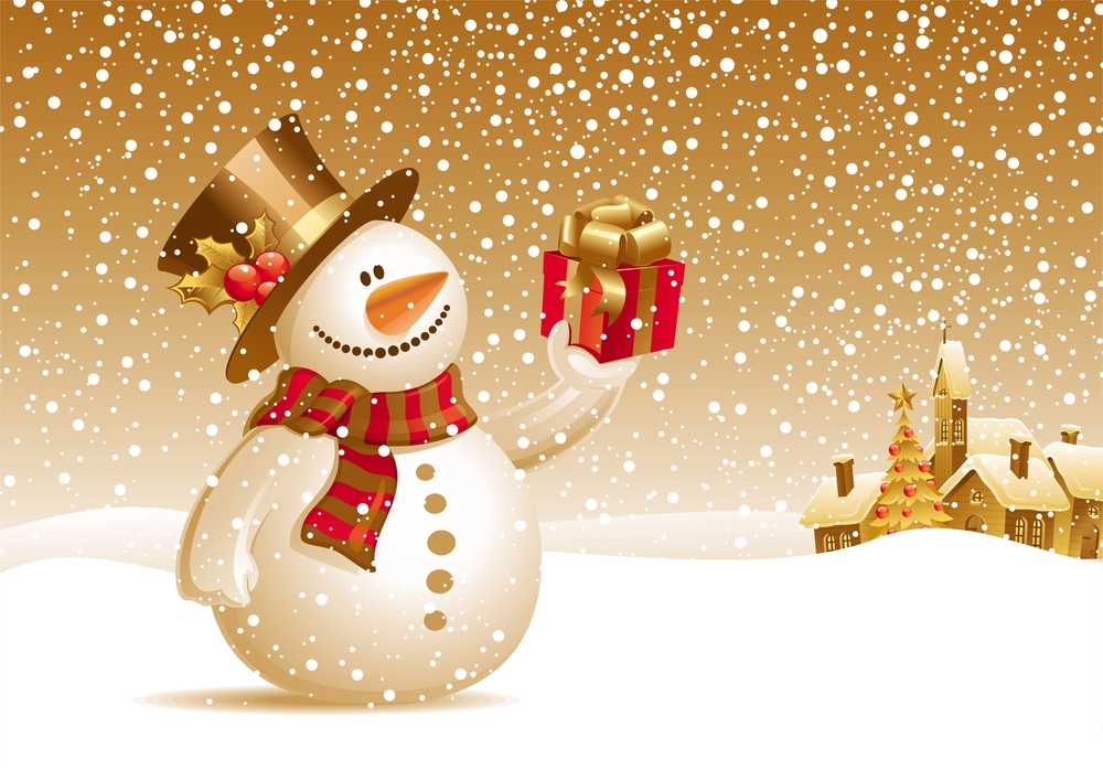 Winter illustration with snowman holding a gift