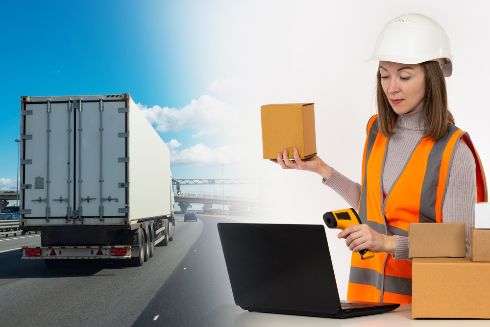 Order fulfillment process. Woman is engaged in processing and dispatch of orders. Girl with boxes and laptop. Logistic woman next to truck. She prepares goods for Logistic shipment. Truck on highway