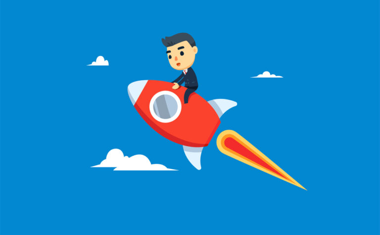 a businessman is riding a rocket. vector illustration