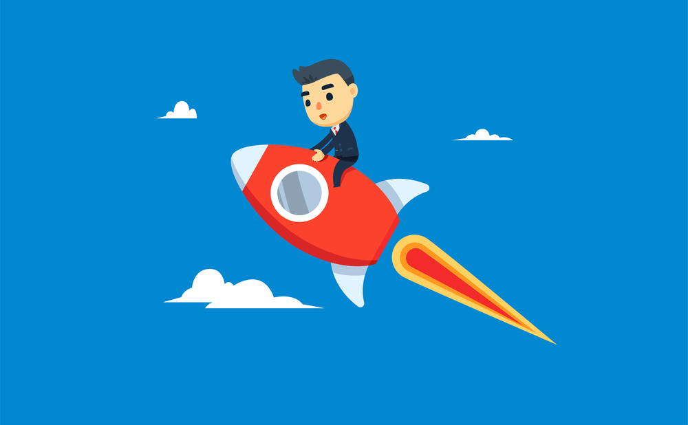 a businessman is riding a rocket. vector illustration