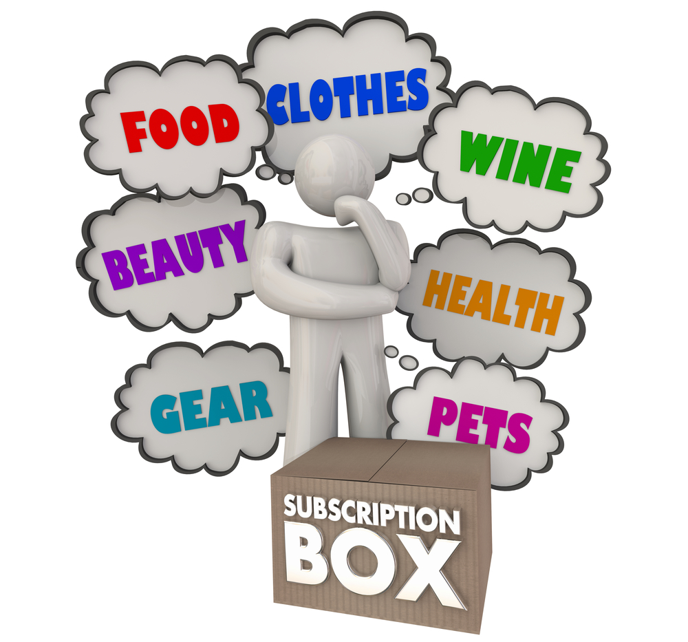illustration listing some options for subscription box services including gear, beauty, food, clothes, wine, health, and pets
