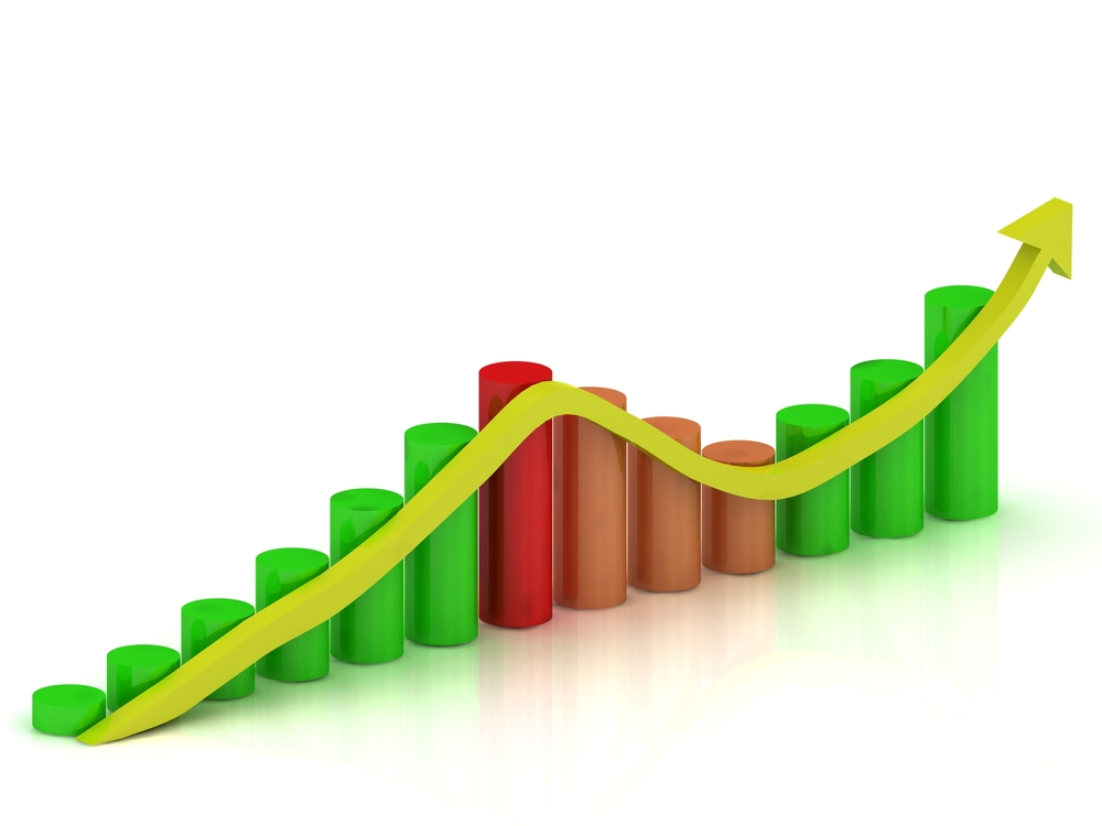 Business graph: fluctuations in growth and reduction of the arrow