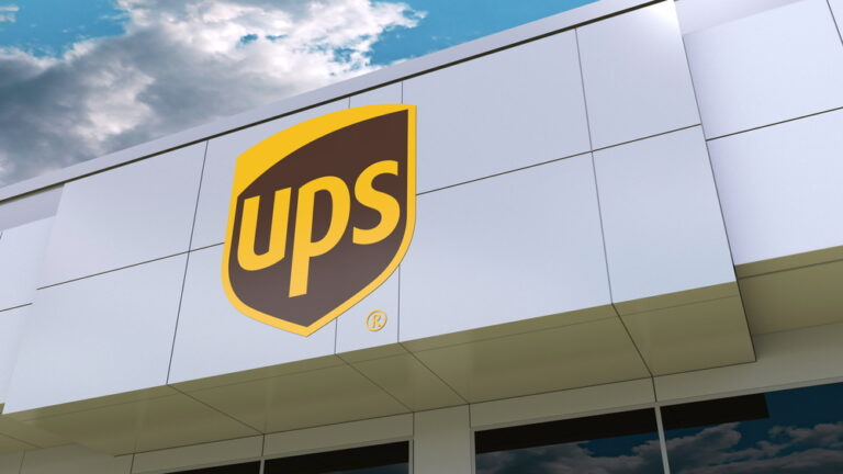 United Parcel Service UPS logo on the modern building facade. Editorial 3D rendering