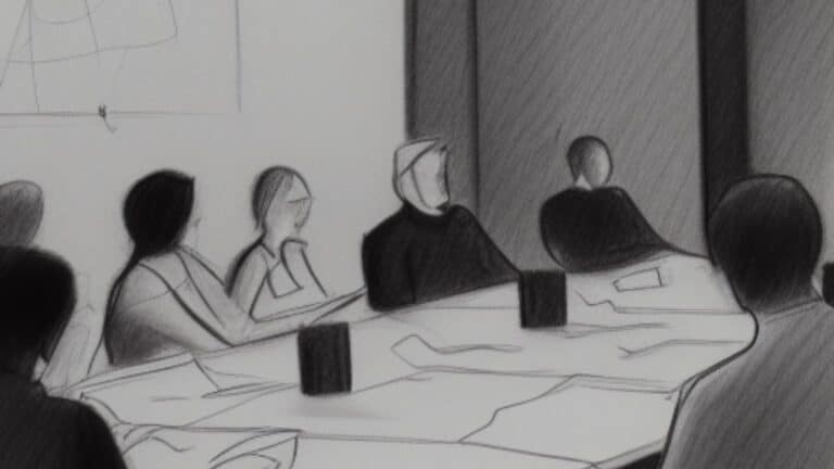 pencil sketch of entrepreneurs sitting around a conference table at a mastermind meeting