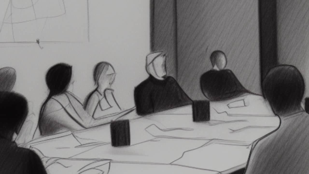 pencil sketch of entrepreneurs sitting around a conference table at a mastermind meeting