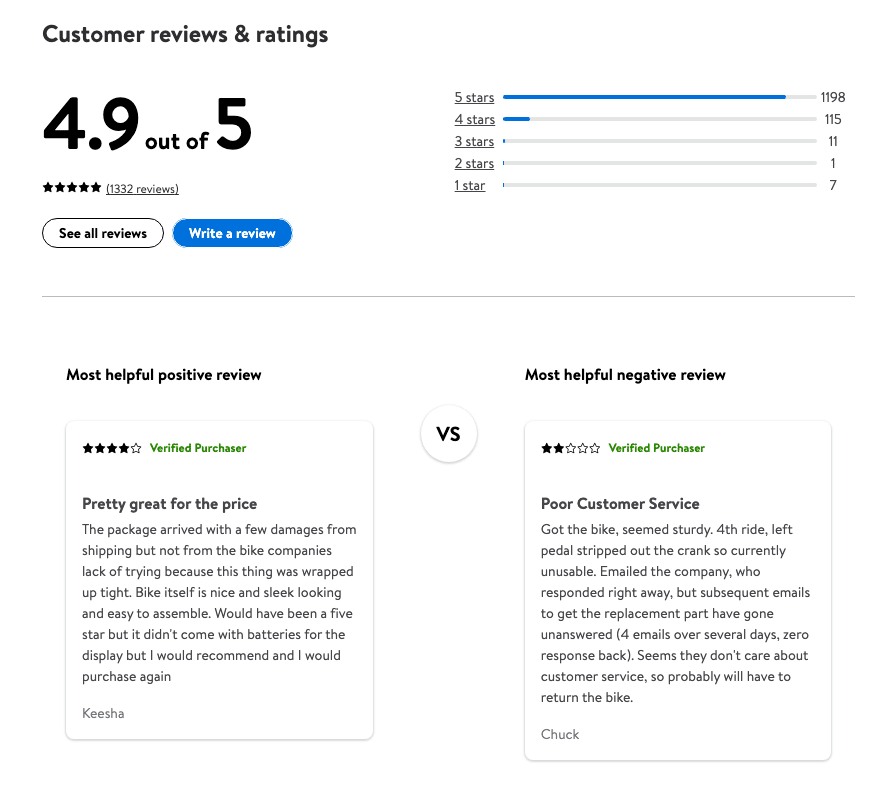 Example of customer reviews on a Walmart product page for an exercise bike.