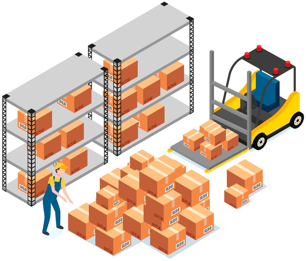Forklift lifts boxes on special device illustration, carries cardboard box with gift inside. Forklift machine for loading, unloading packages. Yellow industrial truck, storage warehouse equipment