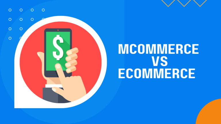 Thumbnail with article topic of "mcommerce vs ecommerce" listed and vector cartoon of a person tapping the screen on their mobile phone showing a dollar sign.