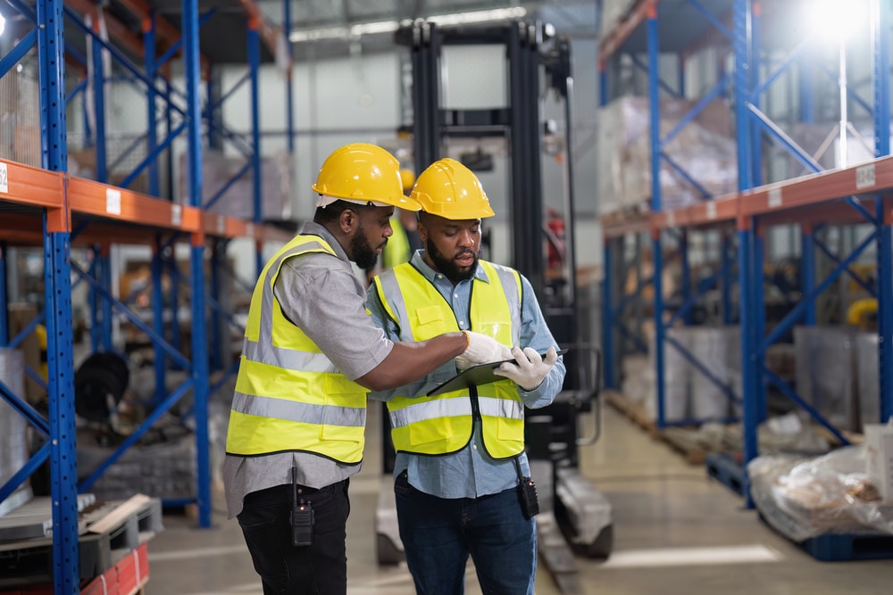 Two men working in a warehouse reviewing items on a clipboard.