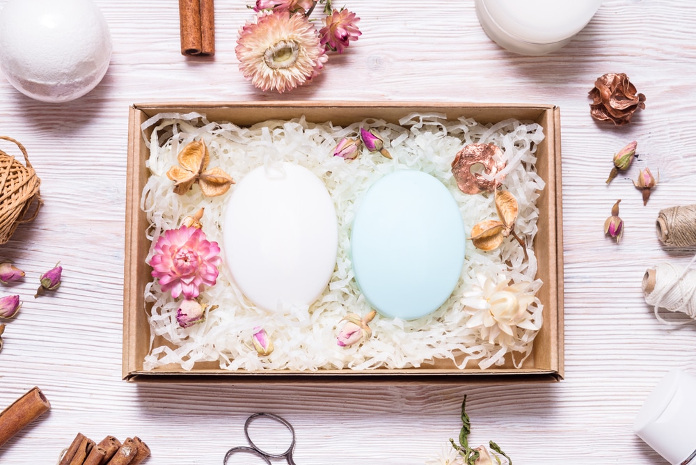 Natural homemade soap in cardboard box.