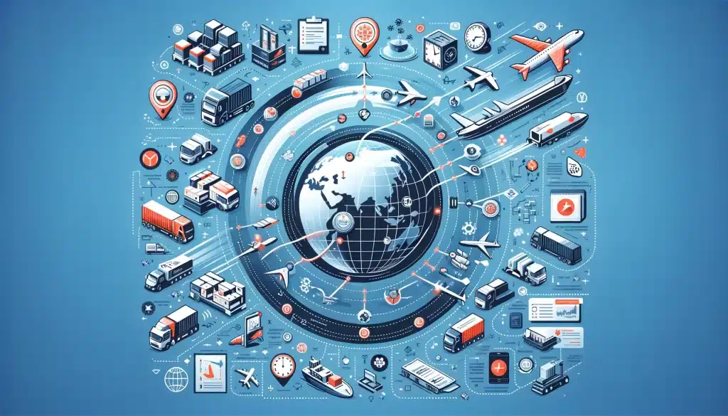 Graphic illustration showing the planet at the center with many different modes of shipping and transportation, such as trucks, ships, planes, trains, cars, etc.