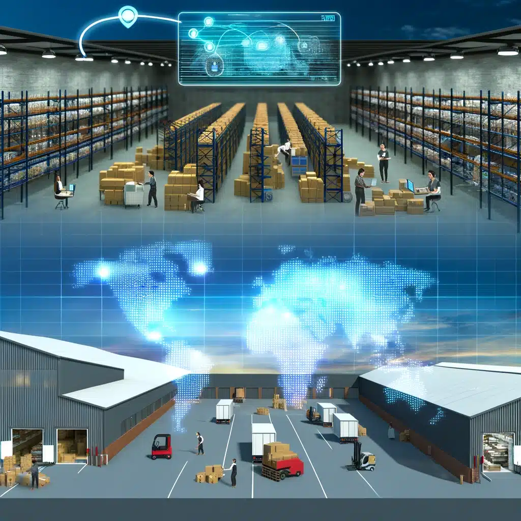 Image depicting a third-party order fulfillment company, showing a warehouse with workers fulfilling orders as well as the outside of the warehouse with trucks being loaded.
