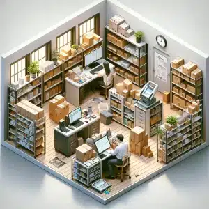 Image illustrating a crowded small office space depicting in-house order fulfillment.