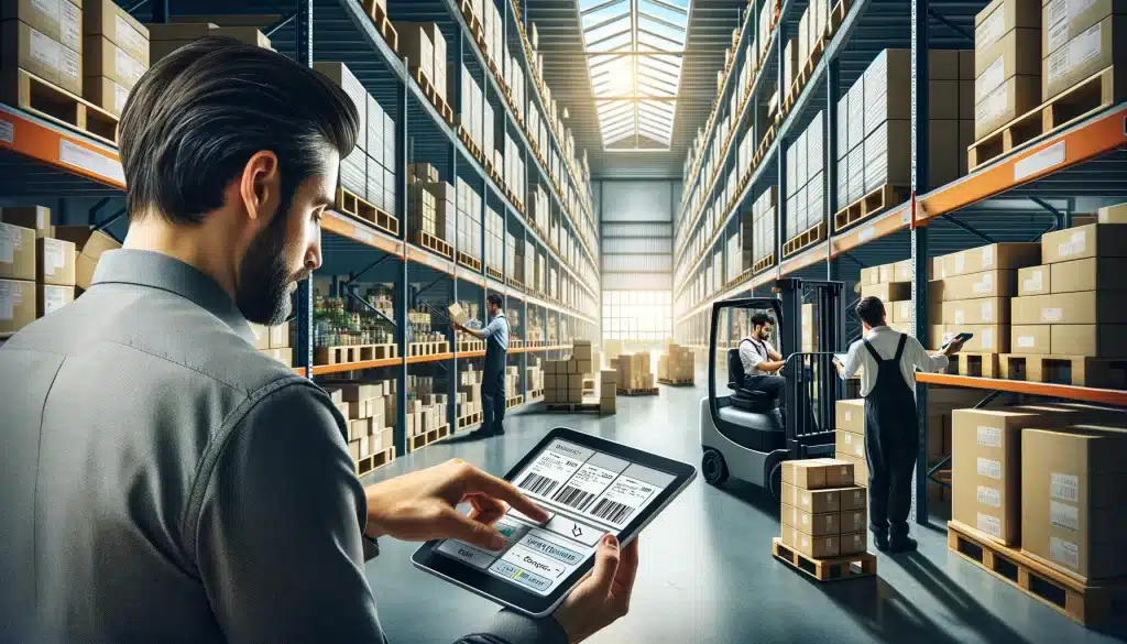 Image depicting a warehouse with someone using a tablet to manage inventory.