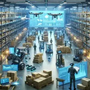 Large warehouse with many workers using technology such as drones and inventory management applications to fulfill orders.