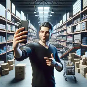 Illustration of an ecommerce business owner doing an Instagram Live post from inside their warehouse.