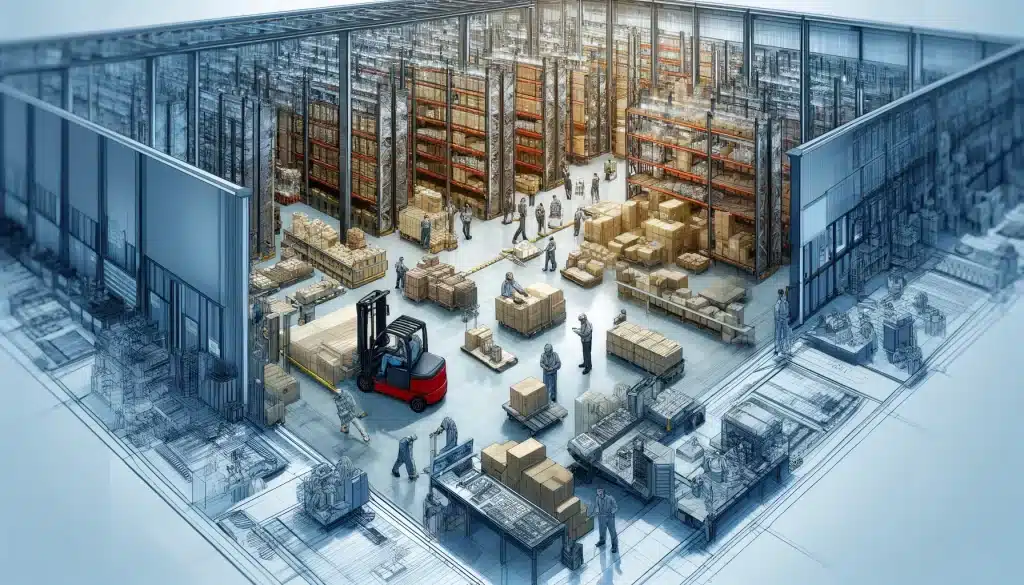 Illustration depicting the inside of an order fulfillment company. Warehouse full of shelves, inventory, and workers preparing orders.