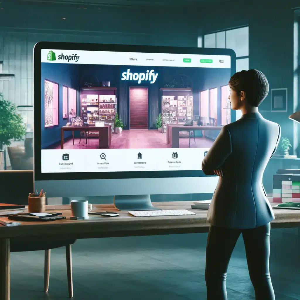 Image depicting the launch of a Shopify store, featuring the young entrepreneur and the storefront displayed on a computer screen.