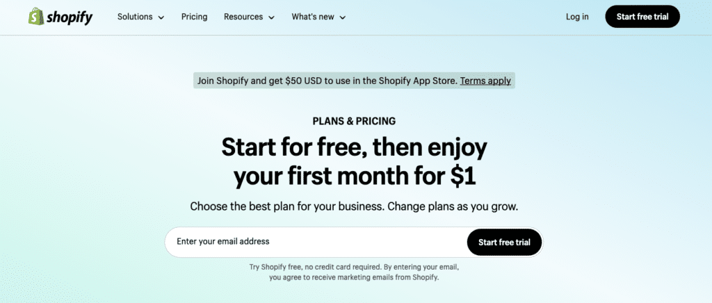 Image showing the hero area of Shopify's pricing page, featuring their free trial.