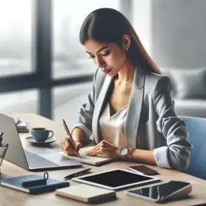 Here's a new photorealistic image of a young female entrepreneur sitting at her desk and writing a business plan. The setting is a modern office with a minimalistic background and a view of a cityscape through a large window, designed to convey a professional and inspiring atmosphere.