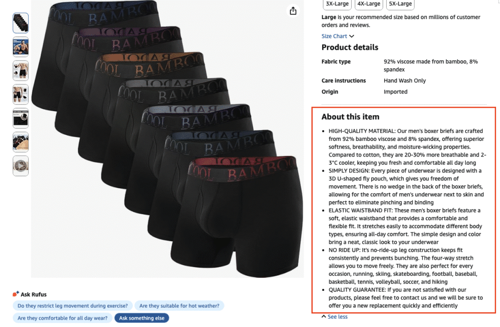Product listing page example from Amazon showing boxer briefs highlighting the bullet point description used on this page.