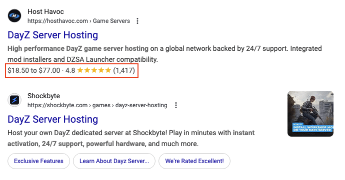 Image showing an example of a webpage using structured data to display rich snippets in the SERP listings, in this case pricing and review stars.