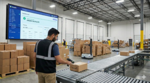 A warehouse with multiple shipping boxes and a worker scanning one ready for delivery.