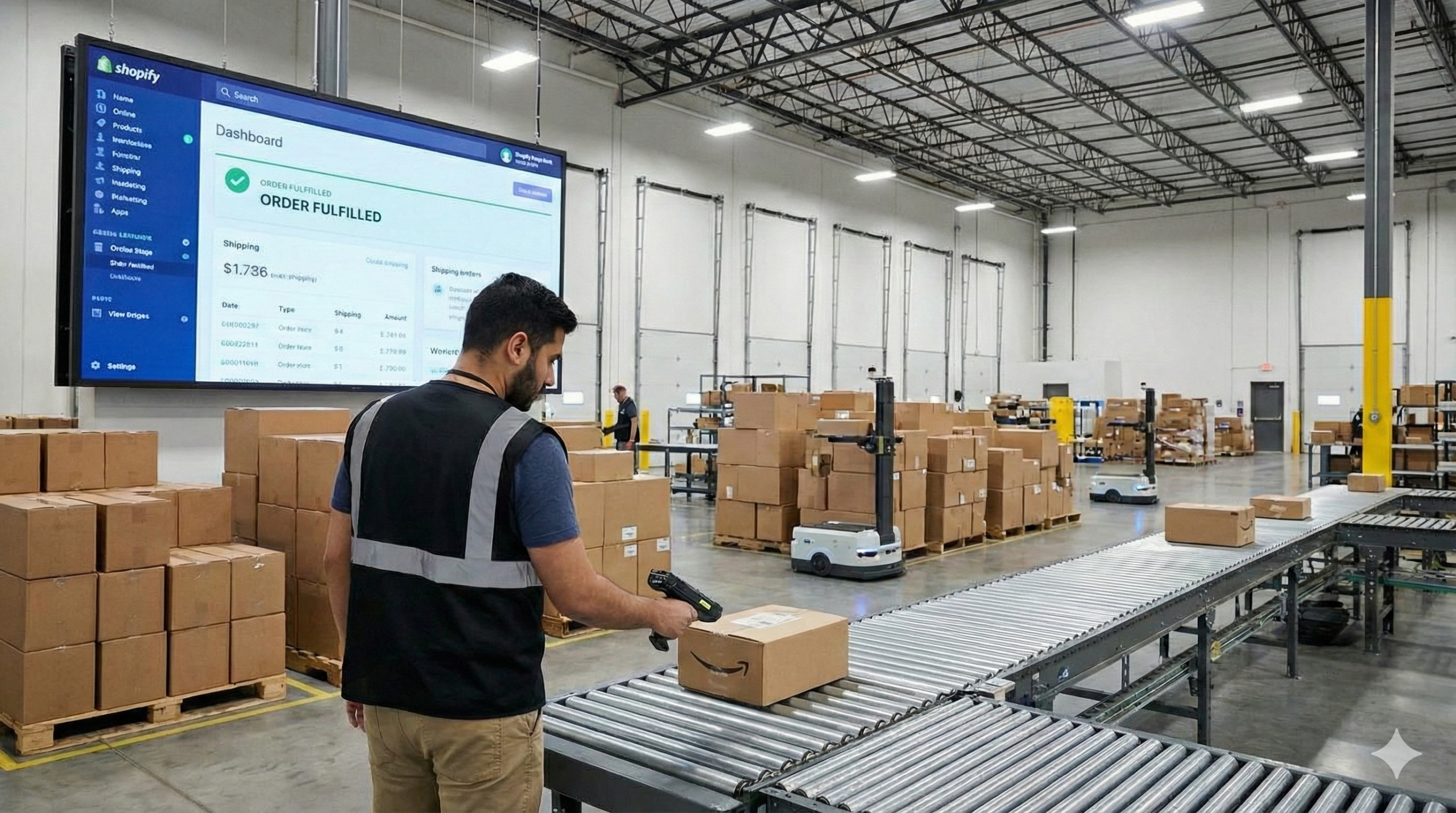 A warehouse with multiple shipping boxes and a worker scanning one ready for delivery.