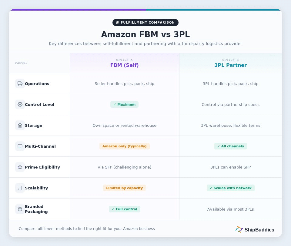 Comparison chart summarizing the differences between Amazon FBM versus using a 3PL for Amazon orders.