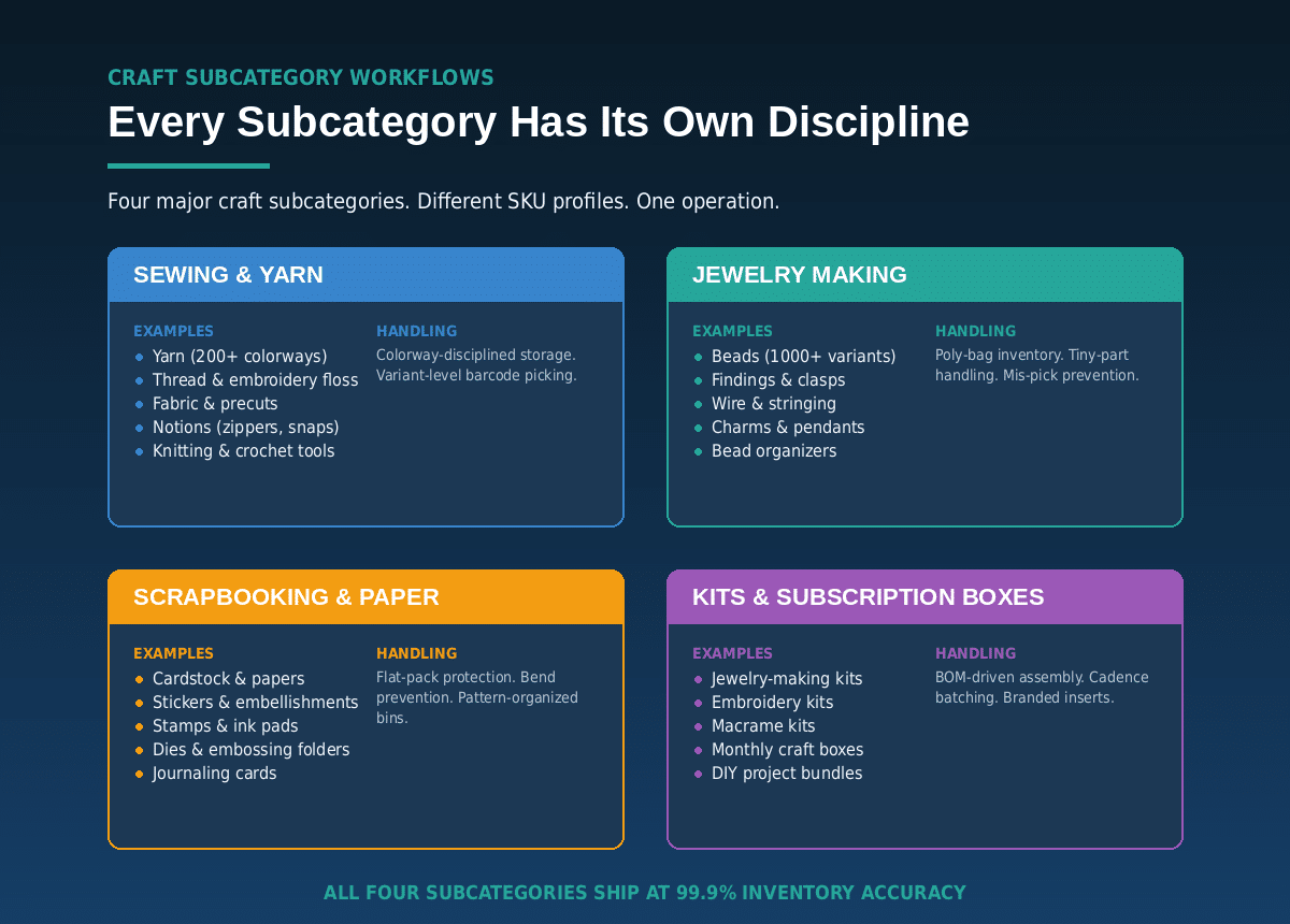 Subcategories of craft supplies for order fulfillment.