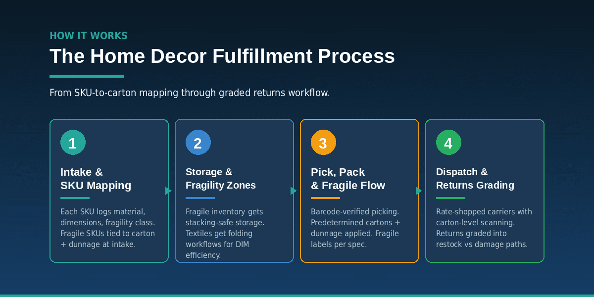 Illustration showing the order fulfillment process for home decor items.