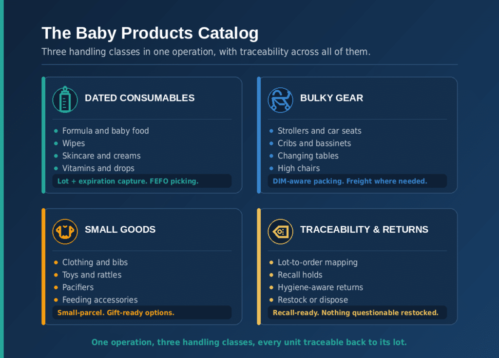 Baby products catalog organized into four areas: dated consumables, bulky gear, small goods, and traceability and returns, each with its own handling and recall discipline.
