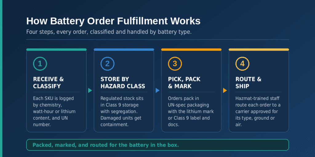 Four-step battery order fulfillment process: receive and classify by battery type, store by hazard class, pick, pack and mark to spec, then route and ship via approved carriers.