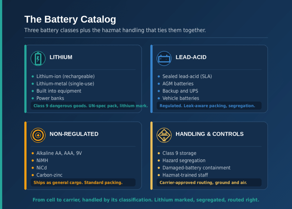 Battery catalog organized into four areas: lithium, lead-acid, non-regulated batteries, and hazmat handling and controls, each with its own regulatory status and handling.