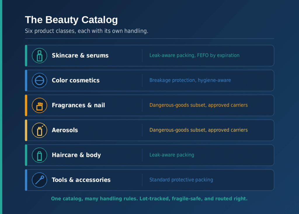Beauty catalog matrix mapping six product classes to their handling: skincare and serums, color cosmetics, fragrances and nail, aerosols, haircare and body, and tools and accessories.