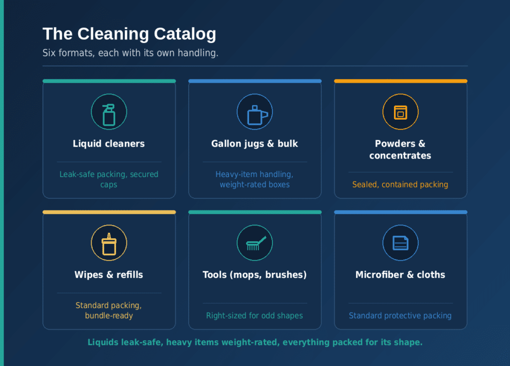 Cleaning catalog matrix mapping six formats to their handling: liquid cleaners, gallon jugs and bulk, powders and concentrates, wipes and refills, tools, and microfiber and cloths.