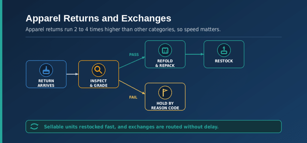 Flow diagram of apparel returns: a return arrives and is inspected and graded, then either passes to refold, repack, and restock, or fails and is held by reason code, with exchanges routed without delay.