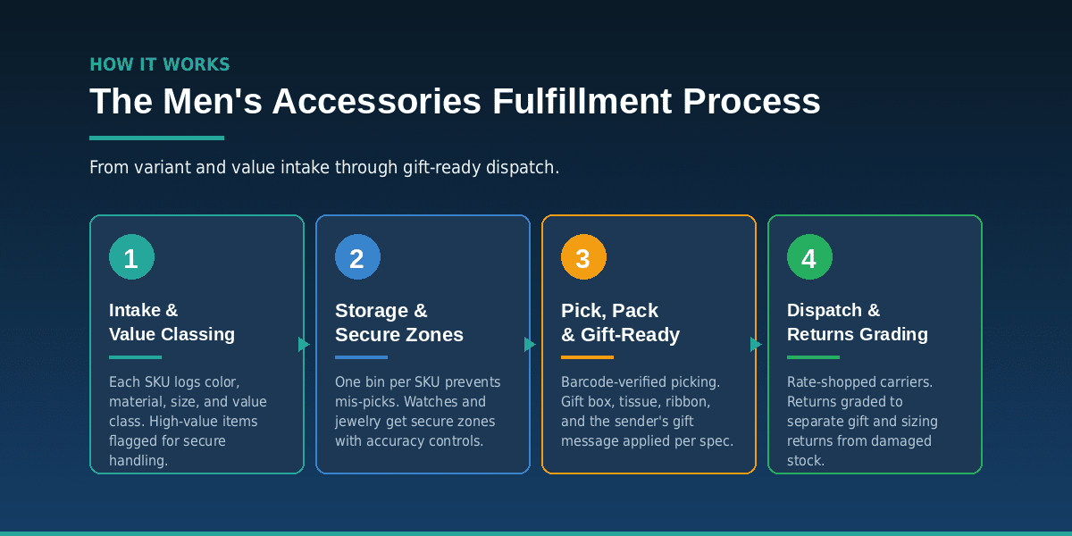 Illustration of the order fulfillment process for men's accessories.