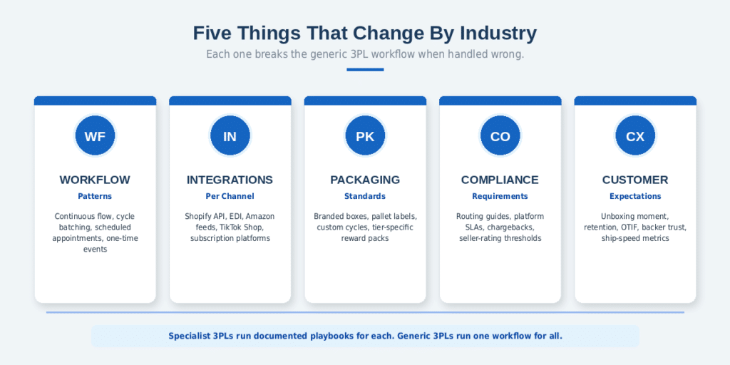 An illustration showing the 5 things that change in order fulfillment by industry.