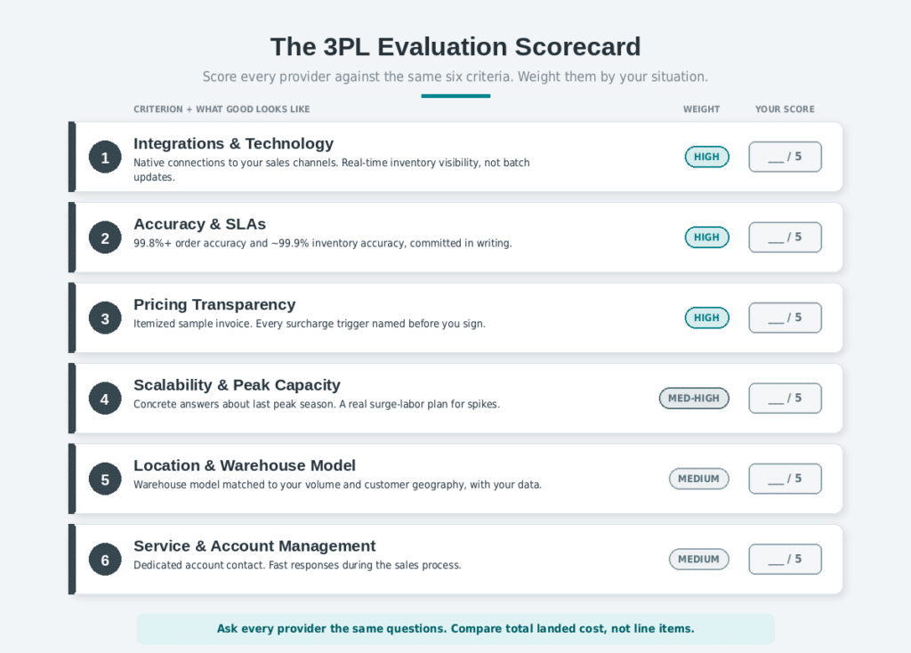 3PL evaluation scorecard with six weighted criteria: integrations and technology, accuracy and SLAs, pricing transparency, scalability and peak capacity, location and warehouse model, and service and account management, each with a what-good-looks-like standard, a weight rating, and a blank score box out of five.