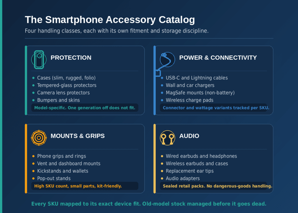 Smartphone accessory catalog organized into four handling classes: protection (cases and protectors), power and connectivity (cables and chargers), mounts and grips, and audio (wired and wireless earbuds), each with its own fitment and storage requirements.
