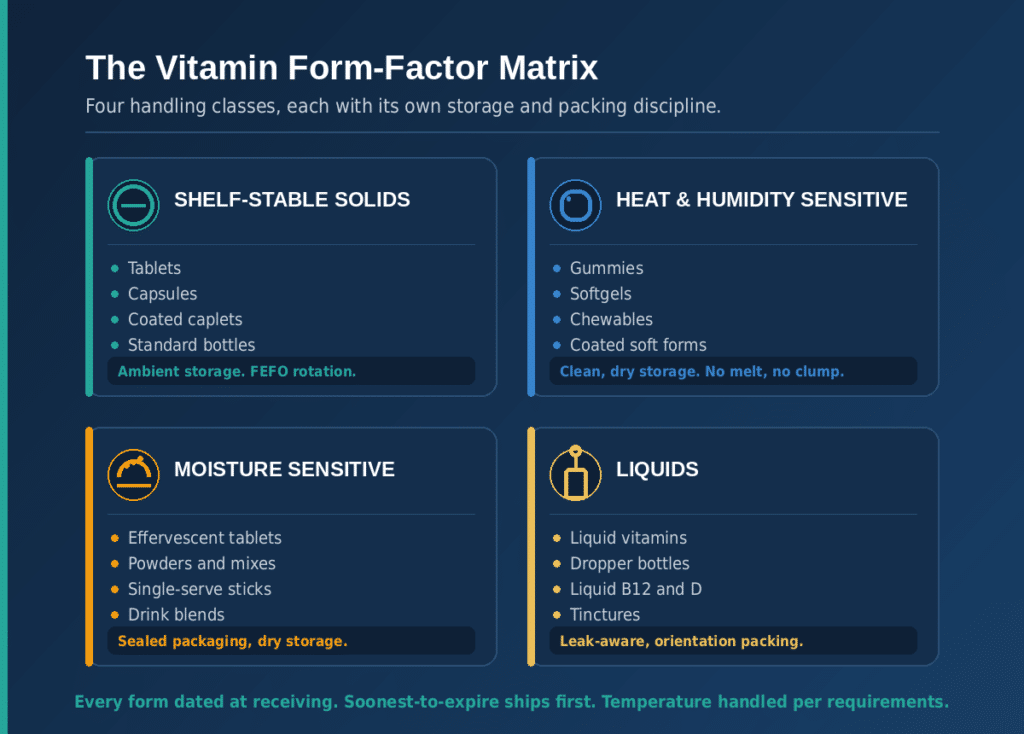 Vitamin form-factor handling matrix with four classes: shelf-stable solids, heat and humidity sensitive forms, moisture sensitive forms, and liquids, each with its own storage and packing requirements.