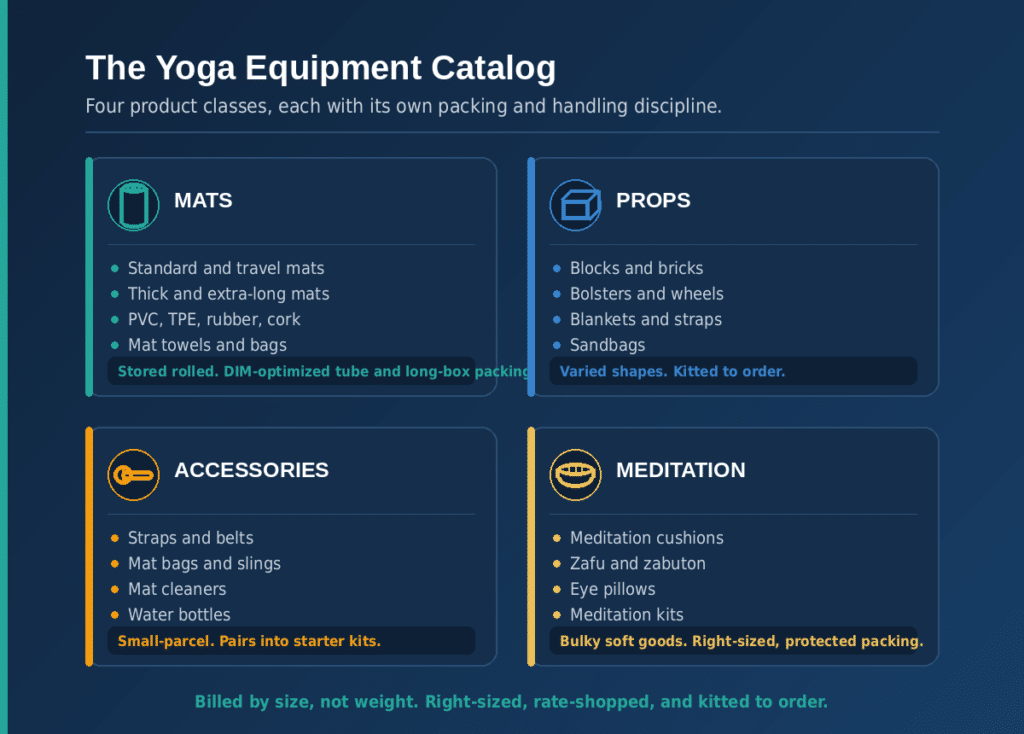 Yoga equipment catalog organized into four product classes: mats, props, accessories, and meditation gear, each with its own packing and handling requirements.