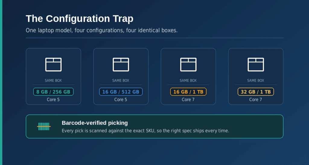 Diagram of four identical shipping boxes containing four different laptop configurations, with barcode-verified picking shown as the way the correct specification ships every time.