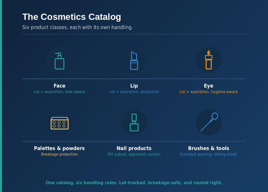 Cosmetics catalog shelf mapping six product classes to their handling: face, lip, eye, palettes and pressed powders, nail products, and brushes and tools.