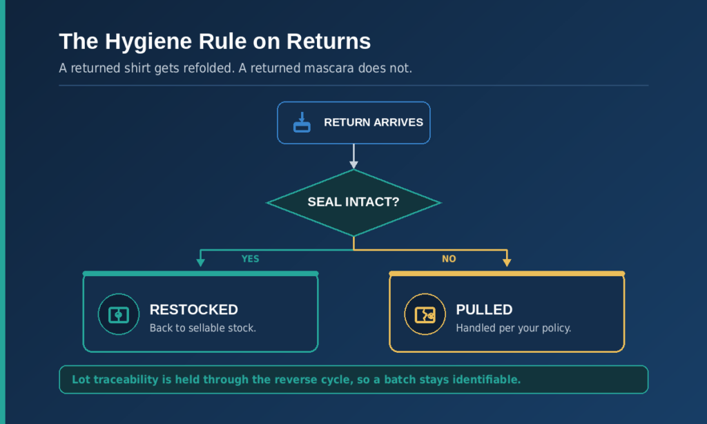 Diagram of hygiene returns grading: a returned cosmetic is checked for seal integrity, then either restocked to sellable stock if the seal is intact or pulled and handled per brand policy if it is broken.