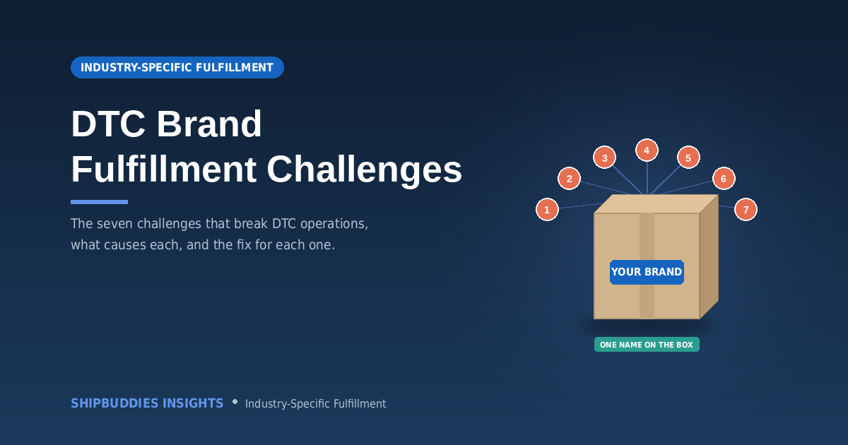 Cardboard box labeled Your Brand with seven numbered challenge markers pressing down on it, illustrating that DTC brands own every fulfillment failure with one name on the box.